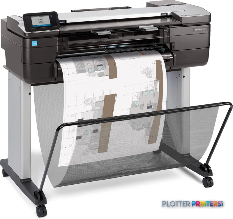 HP DesignJet T830 24" large-format printer product image showing black and grey inkjet device with architectural drawing loa…
