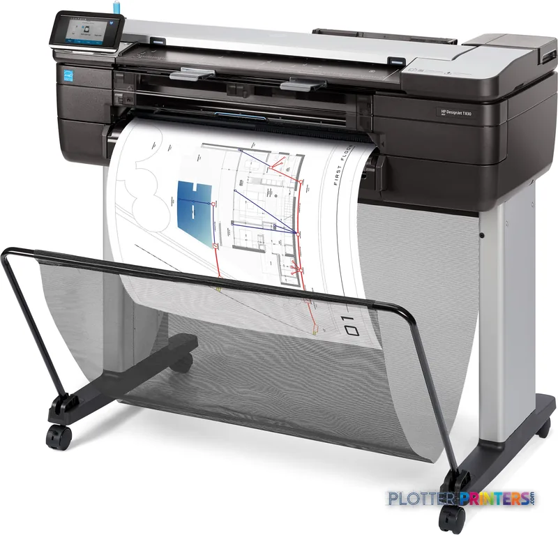 HP DesignJet T830 24-inch large format printer product image showing black and grey inkjet printer with architectural drawin…