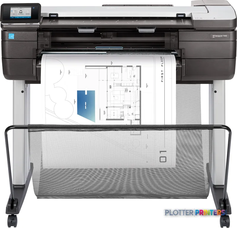 HP DesignJet T830 24-inch large format printer product image showing black and grey multifunction inkjet printer with archit…