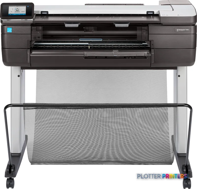 HP DesignJet T830 24-inch large format printer with black and grey body on stand, front view