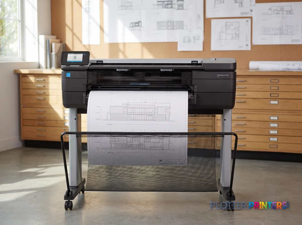 HP DesignJet T830 24-in Multifunction Printer in a plan room beside flat-file drawers, printing a CAD elevation (staged scene from manufacturer product photography)