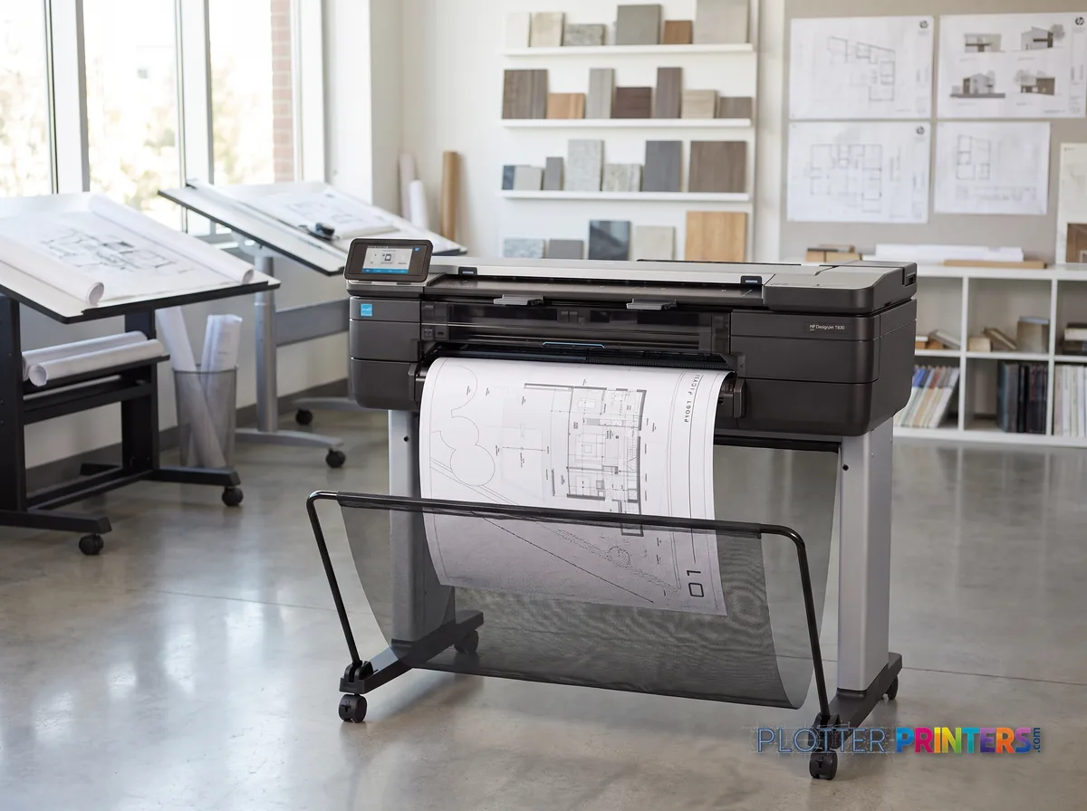 HP DesignJet T830 24-in Multifunction Printer in a bright architecture studio, printing a large floor plan (staged scene from manufacturer product photography)