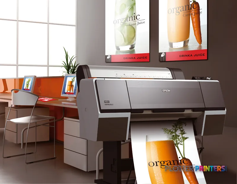 Epson Stylus Pro 7700 large-format printer in an office setting, printing a color beverage advertisement