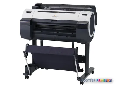 Canon imagePROGRAF IPF655 large-format printer product image showing white and black printer on stand with output tray