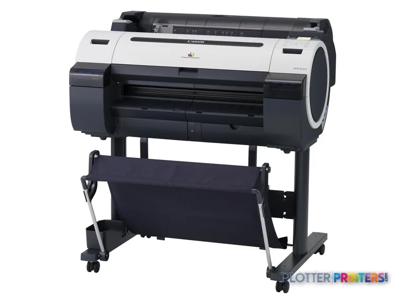 Canon imagePROGRAF IPF655 large-format printer product image showing white and black printer on stand with output tray