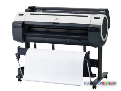 Canon imagePROGRAF IPF755 large-format printer product image showing black and white inkjet device on stand with paper roll