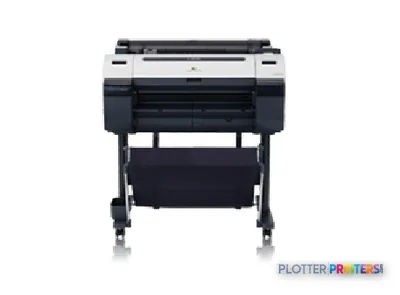 Canon imagePROGRAF iPF650 large format printer front view showing white and black body on wheeled stand
