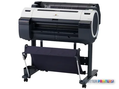 Canon imagePROGRAF iPF650 large format printer product view showing white and black printer on wheeled stand