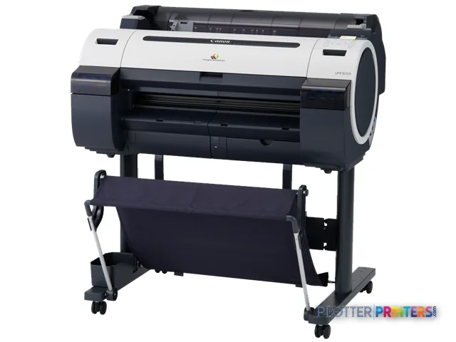 Canon imagePROGRAF iPF650 large format printer product view showing white and black printer on wheeled stand