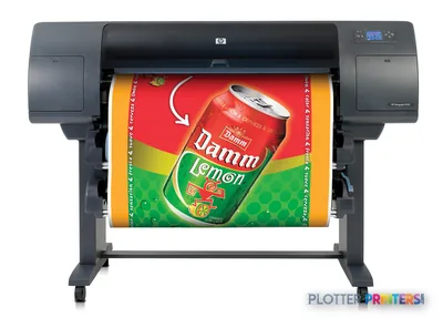 HP Designjet 4520ps large format printer product image showing the device printing a colorful beverage label