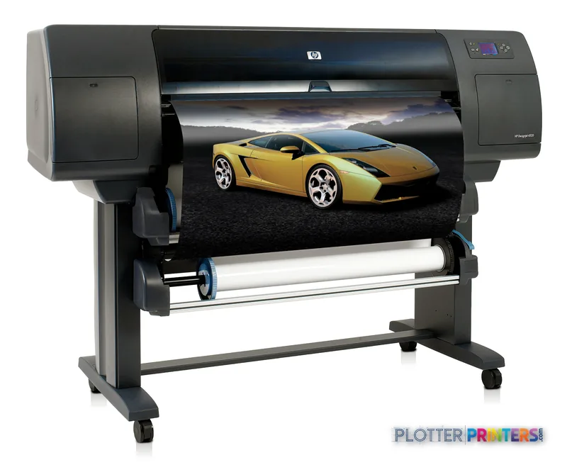 HP Designjet 4520ps large format printer displaying a yellow sports car print on roll media