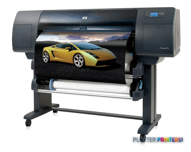 HP Designjet 4520ps large-format printer with yellow sports car print visible on output roll