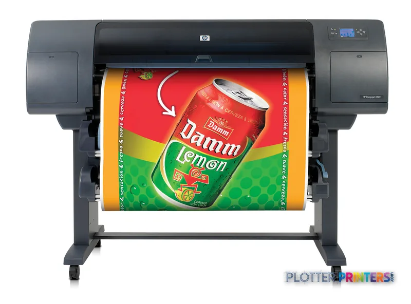 HP Designjet 4520ps large format printer product image showing the device printing a colorful beverage label