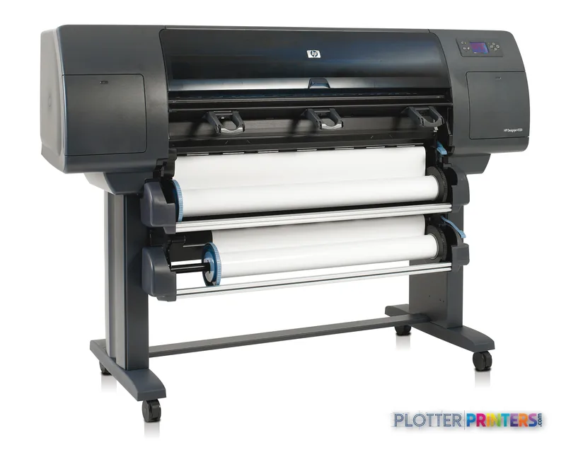 HP Designjet 4520ps large format printer product image showing the front view with dual roll media loaded