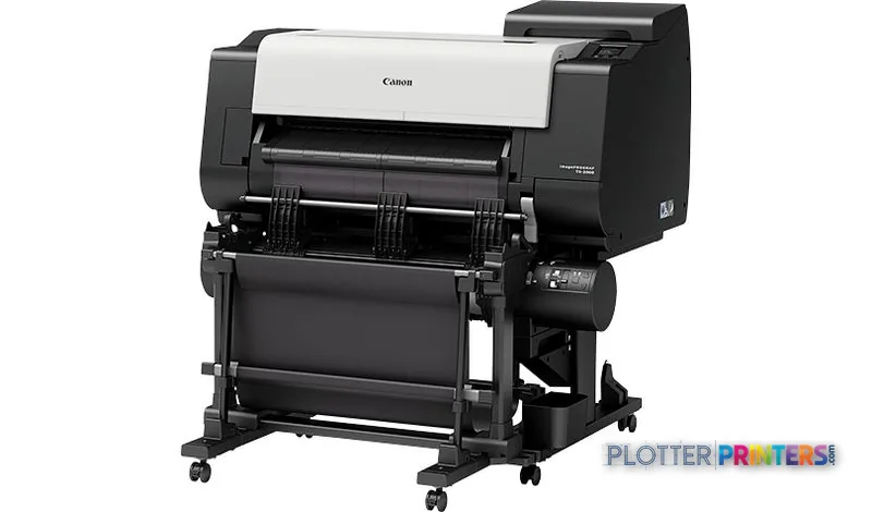 Canon imagePROGRAF TX-2000 large format printer product image showing black and white inkjet device with paper feed mechanism