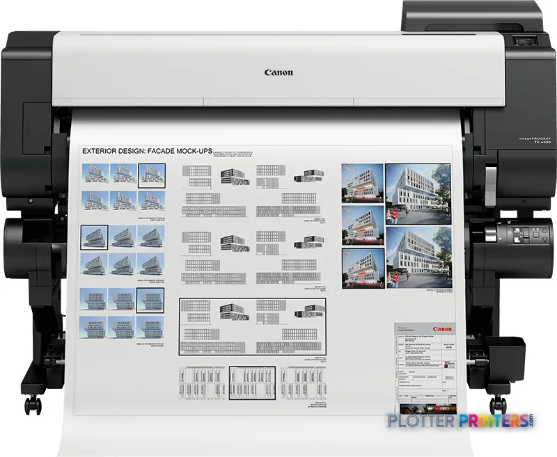 Canon imagePROGRAF TX-4000 large format printer shown from front with architectural design mockup printed on wide paper outp…
