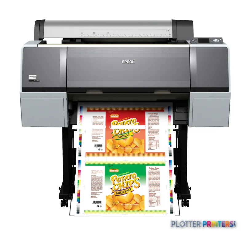 Epson Stylus Pro WT7900 product image showing grey and silver large-format printer with colorful snack packaging output