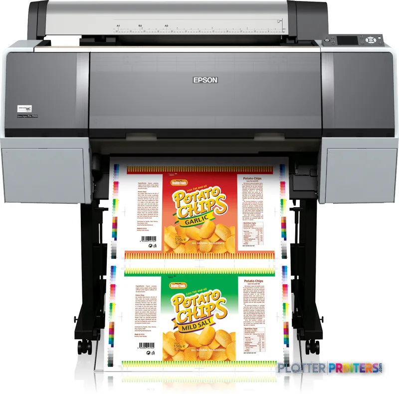 Epson Stylus Pro WT7900 large-format printer printing colorful potato chip packaging labels