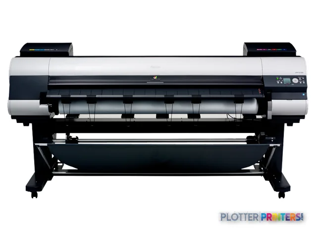 Canon imagePROGRAF iPF9100 large-format printer product image showing front view with white and black body on stand