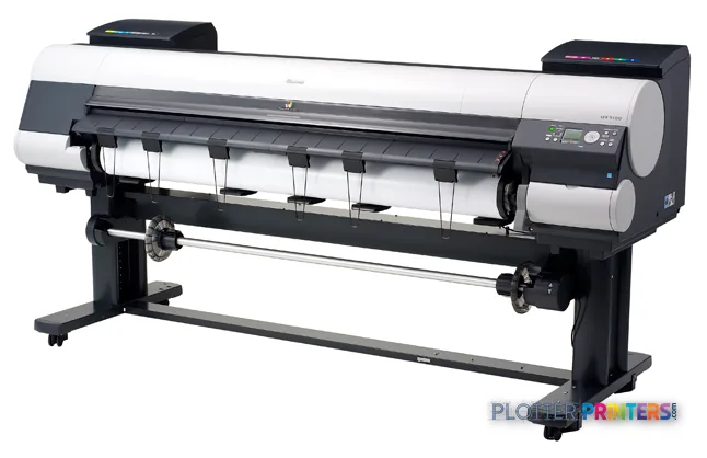 Canon imagePROGRAF iPF9100 large-format printer product image showing front view with white paper roll loaded
