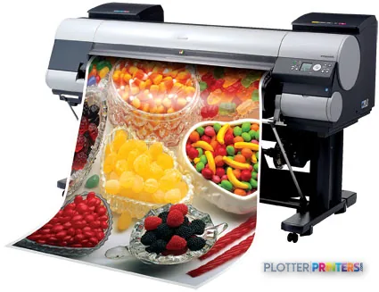 Canon imagePROGRAF iPF9000S large-format printer product image showing vibrant color output of candy and fruit photography