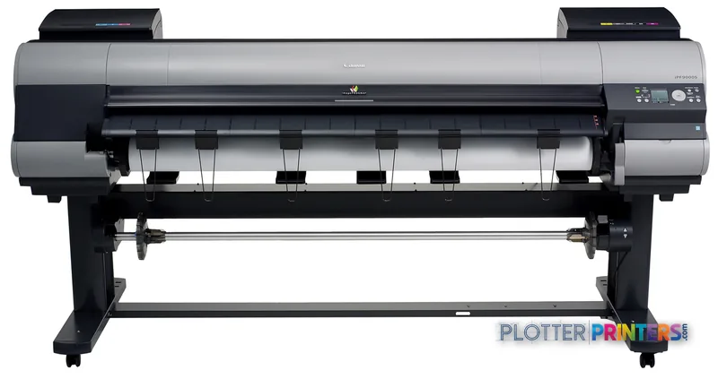 Canon imagePROGRAF iPF9000S large-format printer product image showing front view with paper roll loaded