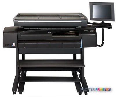 HP Designjet 815MFP large-format printer product image showing the black multifunction printer on a stand with attached moni…