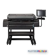 HP Designjet 815MFP large format printer product image showing front view with attached control monitor