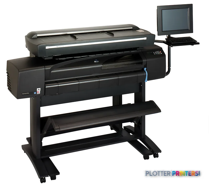 HP Designjet 815MFP large format printer product image showing the full system with stand and monitor