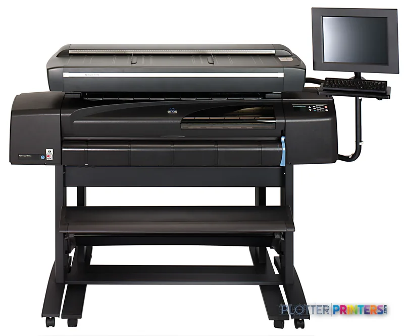HP Designjet 815MFP large-format printer product image showing the black multifunction printer on a stand with attached moni…