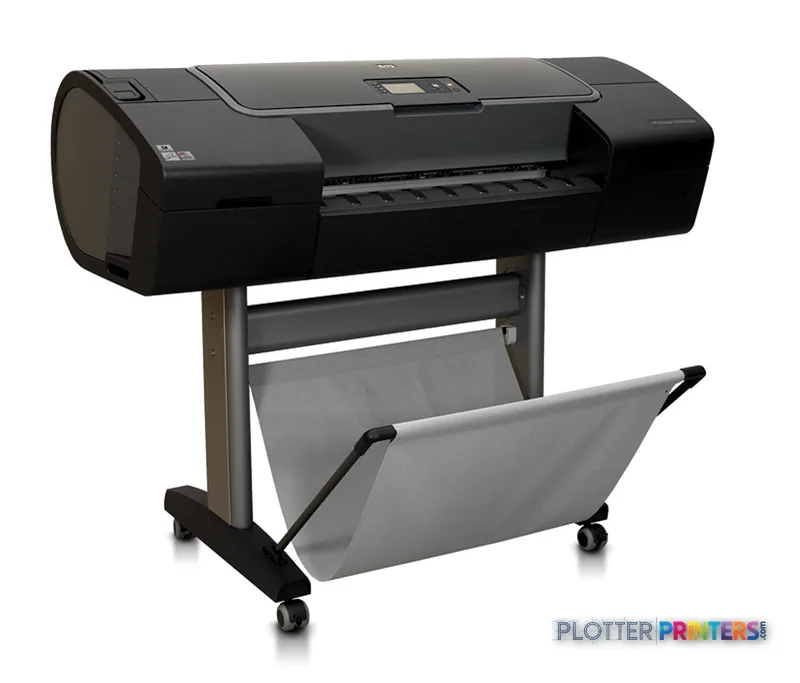 HP Q6675C large format printer product image showing black printer on stand with output tray