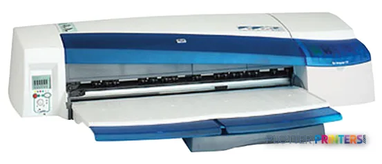 HP DesignJet 120 Printer product image showing white and blue large-format printer with open output tray