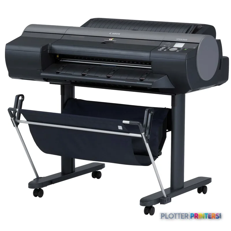 Canon imagePROGRAF iPF8300 large format printer product image showing front view with stand and media tray