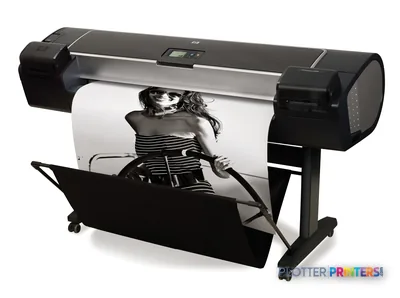 HP Designjet Z5200 large-format printer product image showing black and silver device with portrait print output