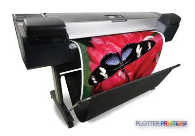 HP Designjet Z5200 large-format printer product image showing the device with a vibrant butterfly print output