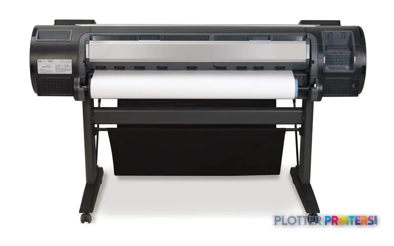 HP Designjet Z5200 large-format printer product image showing front view with white paper roll loaded
