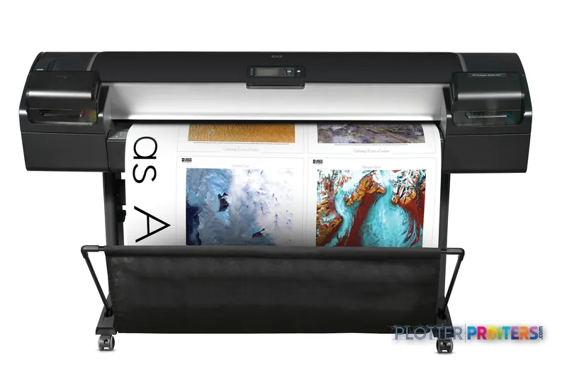 HP Designjet Z5200 large-format printer product image showing the device with sample color prints of landscapes and textures…