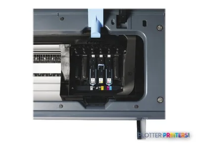 HP Designjet T770 610 mm printer product image showing open ink cartridge compartment with color cartridges installed