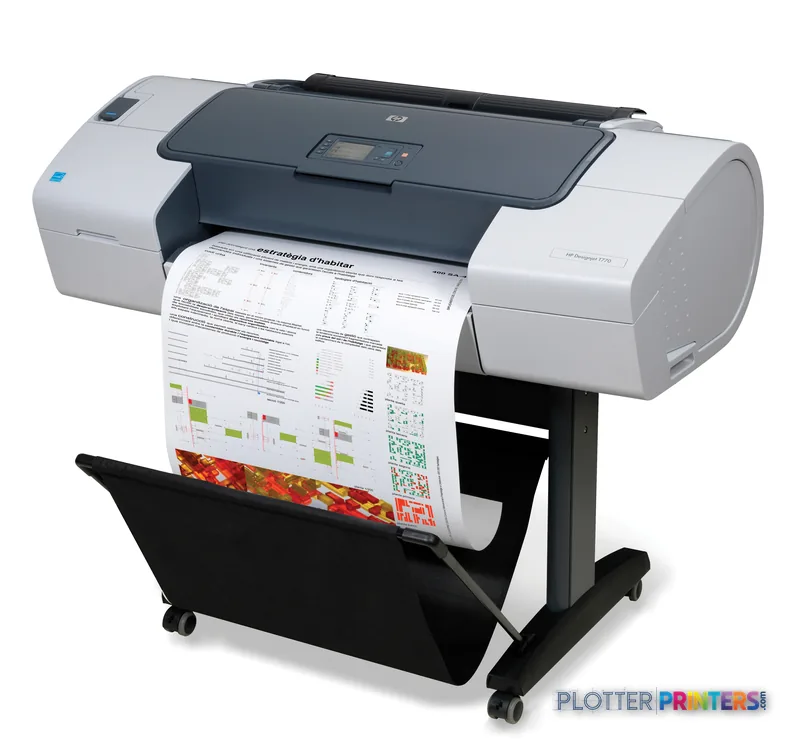 HP Designjet T770 610 mm large format printer product image showing the device with a colorful printed document emerging froโฆ