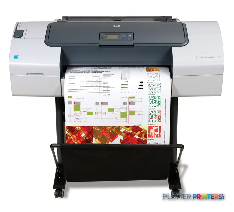 HP Designjet T770 610 mm large format printer product image showing the device with printed color output samples