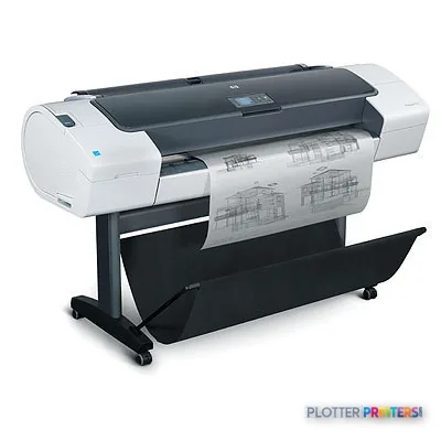HP Designjet T770 610 mm large format printer with white and dark gray body, shown printing architectural drawings on roll mโฆ