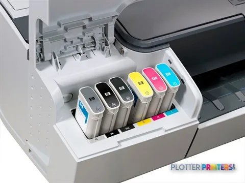 HP Designjet T770 610mm printer product image showing open ink cartridge compartment with color cartridges