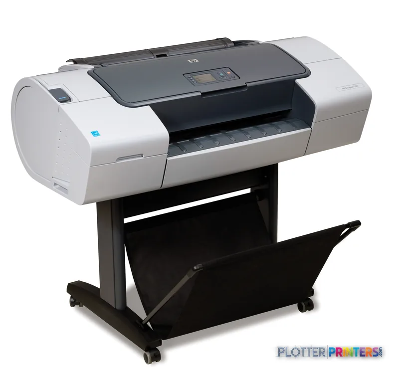 HP Designjet T770 610 mm large format printer product image showing white printer on black stand with open output tray