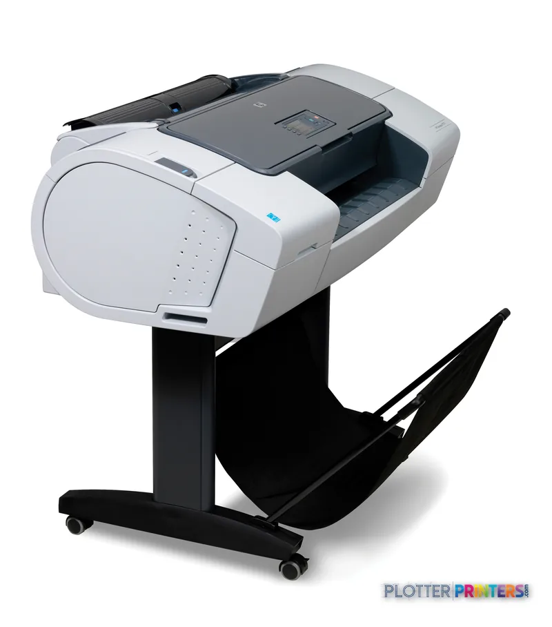 HP Designjet T770 610 mm large format printer product image showing white printer on black stand with open output tray