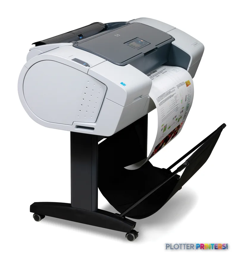 HP Designjet T770 610 mm large format printer product image showing white printer on black stand with output tray extended