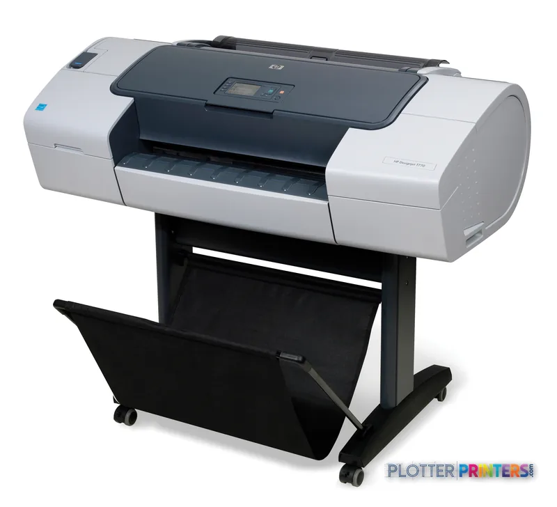 HP Designjet T770 610 mm large format printer product image showing white and dark gray printer on black stand with open outโฆ