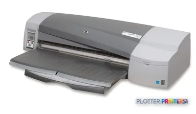 HP Designjet 111 24-tumsskrivare med fack large format printer product image showing the device with open output tray