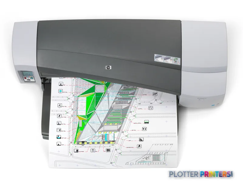 HP Designjet 111 24-tumsskrivare med fack large format printer product image showing the device printing an architectural fl…