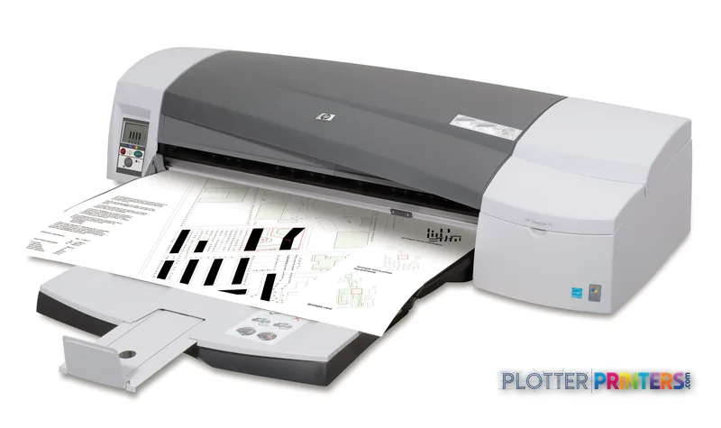 HP Designjet 111 24-tumsskrivare med fack large format printer product image showing white and gray printer with output tray…
