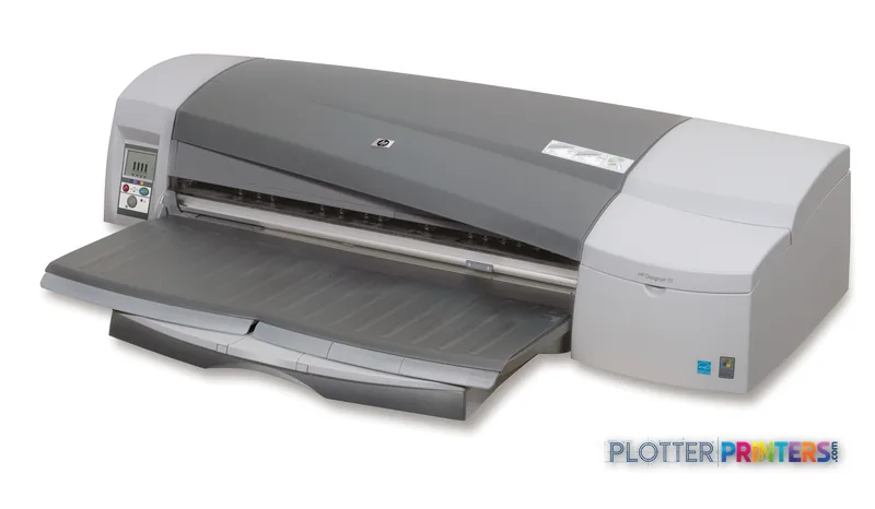 HP Designjet 111 24-tumsskrivare med fack large format printer product image showing the device with open output tray
